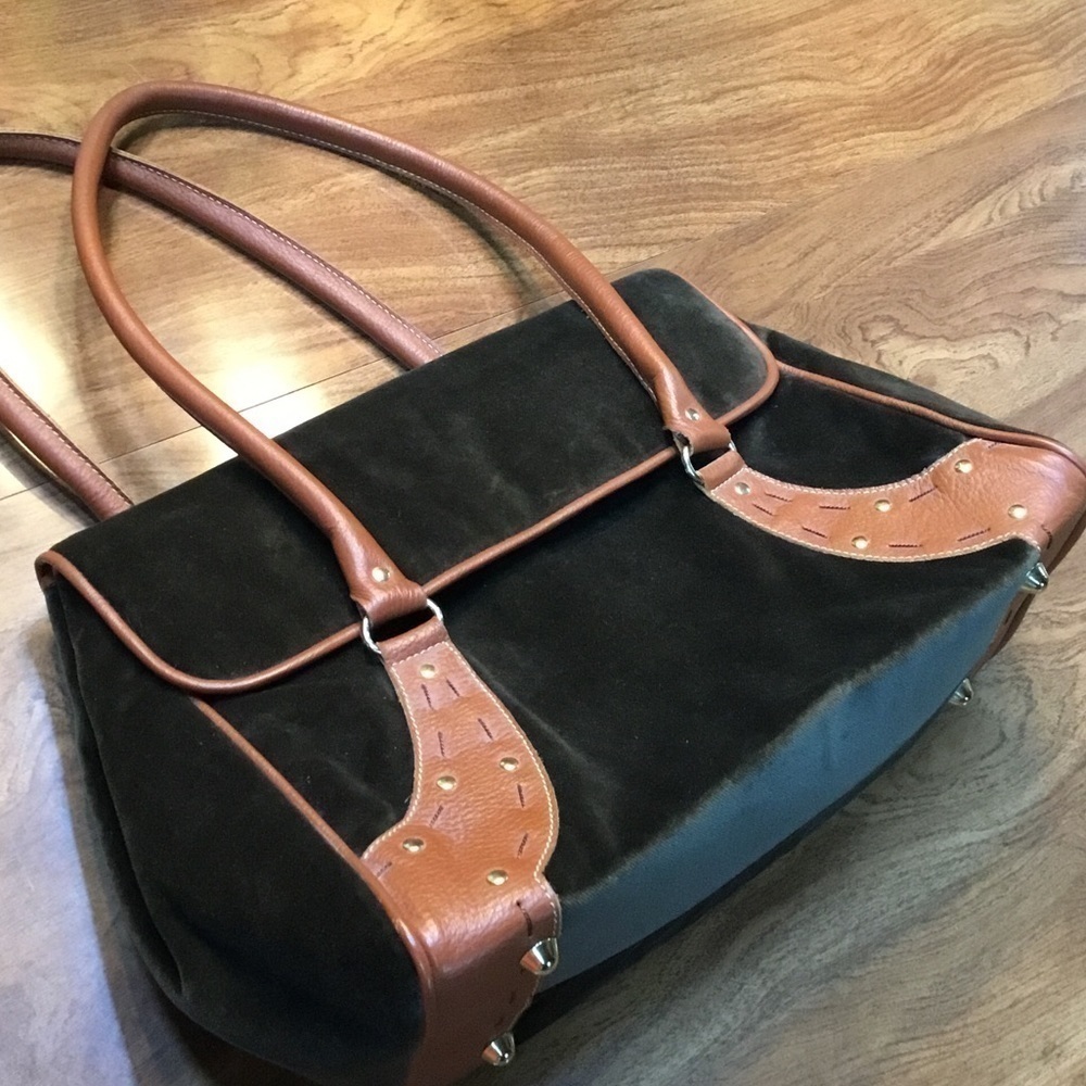 Retro Andrea Stewart Tote Green Velour - Brown Leather Handle - Gold Accents